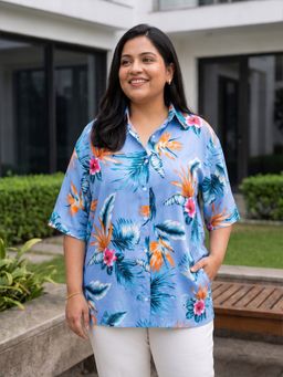 Qurvii - Blue Tropical Floral Print Shirt