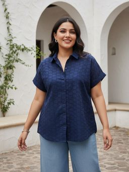 Qurvii - Navy Blue Schiffli Drop Shoulder Shirt