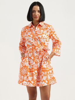 United Colors of Benetton - Regular Fit Spread Collar Tropical Print Mini Dress with Belt