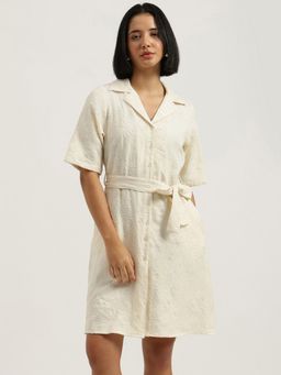 United Colors of Benetton - Regular Fit Cuban Collar Cream Mini Dress with Belt