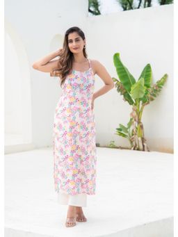 Juniper - Pink Floral Printed Sleeveless Cotton Kurta