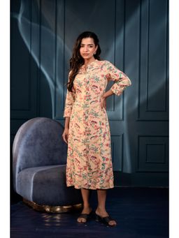Juniper - Peach Floral Printed Button-Down Viscose A-Line Kurta