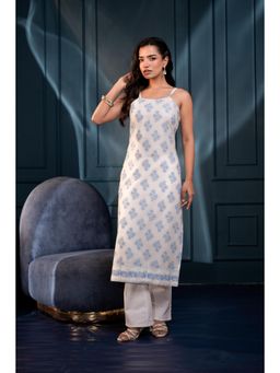 Juniper - White Floral Printed Cotton Sleeveless Kurta