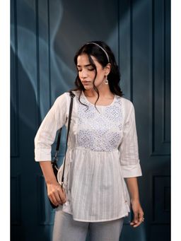 Juniper - White Mirror Work Embroidered Cotton Tunic