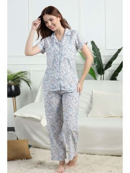 HOUSE OF COMFORT - Women Blue Cotton Linen Blend Shirt and Pyjama