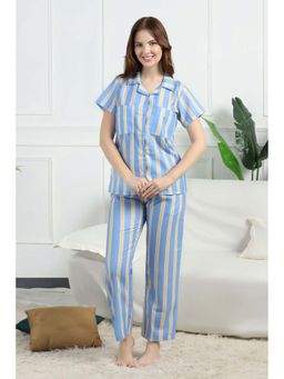 HOUSE OF COMFORT - Women Blue Cotton Linen Blend Shirt and Pyjama