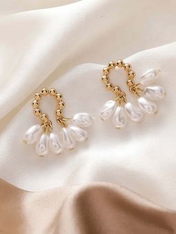 ISHKAARA - White & Gold-Plated Artificial Beads Contemporary Drop Earrings