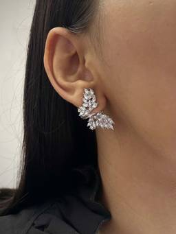 ISHKAARA - White Silver-Plated Rhinestone Studded Wings Studs