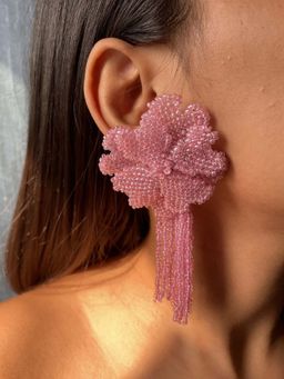 ISHKAARA - Pink Beaded Floral Drop Earrings
