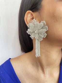 ISHKAARA - Off White Beaded Floral Drop Earrings