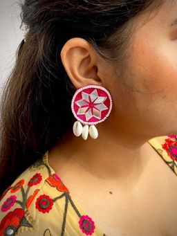 ISHKAARA - Pink Mirror Work Detailed Beaded Contemporary Drop Earrings