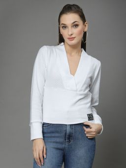 KASSUALLY - White Wrap V Neck Fitted Top
