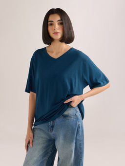 DILLINGER - Women's Blue Solid Oversized Cotton Modal V-Neck T-shirt