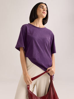 DILLINGER - Women's Purple Solid Oversized Slub Jersey Acid Washed Boat Neck T-shirt