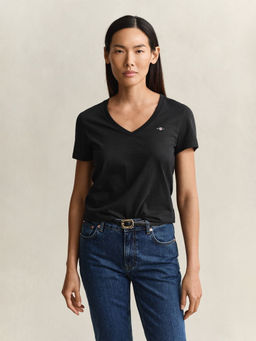 GANT - Women's Black Solid Regular Fit Pure Cotton T-Shirt