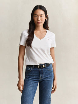 GANT - Women's White Solid Regular Fit Pure Cotton T-Shirt