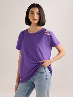DILLINGER - Women's Purple Embroidery Boxy Regular Fit French Terry Cotton T-shirt