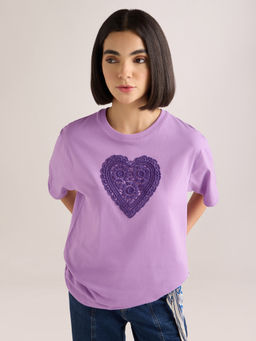 DILLINGER - Women's Purple Laces Detailed Oversized Round Neck Cotton T-shirt