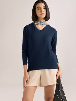 DILLINGER - Women's Navy Blue Regular Fit Long Sleeve Modal Lace V-Neck T-shirt