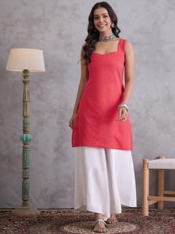 InWeave - Red Kantha Striped Sweetheart Kurta