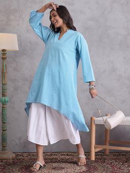 InWeave - Cyan Blue Small Checks Mandarin Kurta