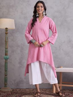 InWeave - Pink Small Checks Mandarin Kurta