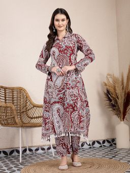 Yufta - Maroon Pure Cotton Boho Print Kurta with Pant (Set of 2)