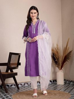 Yufta - Purple Premium Cotton Kurta with Dupatta & Pant (Set of 3)
