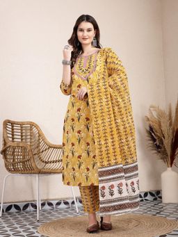 Yufta - Mustard Cotton Lace Work on Yoke Straight Kurta with Dupatta & Pant (Set of 3)