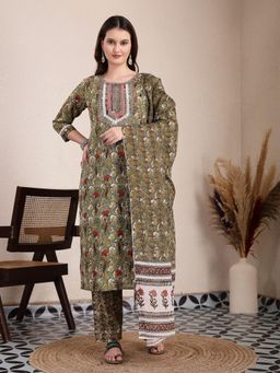 Yufta - Green Cotton Lace Work on Yoke Straight Kurta with Dupatta & Pant (Set of 3)