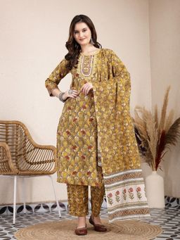 Yufta - Mustard Pure Cotton Lace Work Yoke Straight Kurta with Dupatta & Pant (Set of 3)
