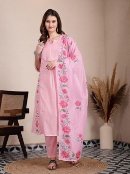 Yufta - Pink Pure Cotton A-Line Pleated Kurta with Dupatta & Pant (Set of 3)