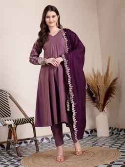 Yufta - Purple Silk Blend Anarkali Kurta & Dupatta with Pant (Set of 3)