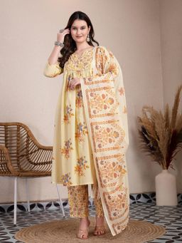 Yufta - Yellow Pure Cotton A-Line Pleated Kurta with Dupatta & Pant (Set of 3)