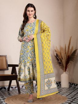 Yufta - Yellow and Beige Pure Cotton Floral Print Tiered Kurta with Pant & Dupatta (Set of 3)