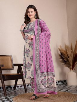 Yufta - Purple and Beige Pure Cotton Floral Kurta with Pant & Dupatta (Set of 3)
