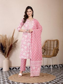Yufta - Pink Ethnic Motifs Print Straight Kurta with Dupatta & Pant (Set of 3)
