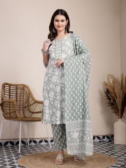 Yufta - Sea Green Ethnic Motifs Print Straight Kurta with Dupatta & Pant (Set of 3)
