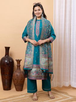 Kidar - Women's Teal Trendy Stylish Comfortable Kurta with Dupatta & Pant (Set of 3)