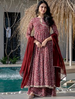 HOUSE OF JAMOTI - Roop Maroon Georgette Anarkali with Sharara & Dupatta (Set of 3)