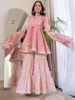 HOUSE OF JAMOTI - Dahlias Printed Kurta with Sharara & Dupatta (Set of 3)