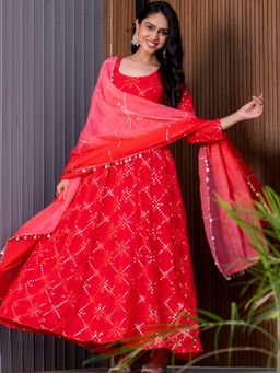 HOUSE OF JAMOTI - Sparkling Red Anarkali with Pant & Dupatta (Set of 3)