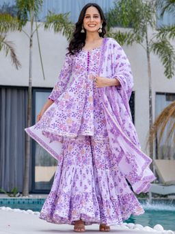 HOUSE OF JAMOTI - Impress Purple Block Print Kurta with Sharara & Dupatta (Set of 3)