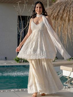 HOUSE OF JAMOTI - Chandini Chikankari Kurta with Sharara & Dupatta (Set of 3)