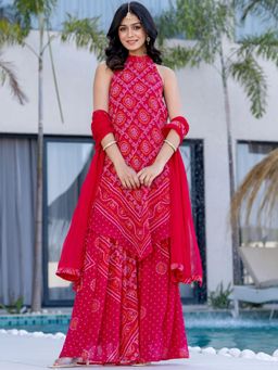 HOUSE OF JAMOTI - Cerise Pink Bandhej Kurta with Sharara & Dupatta (Set of 3)