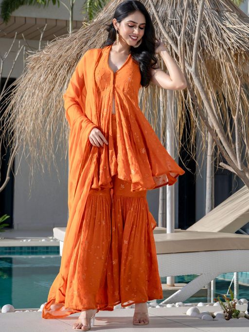 HOUSE OF JAMOTI Orange Fringe Flare Kurta with Sharara & Dupatta (Set of 3)