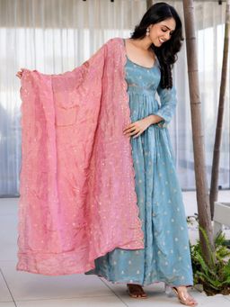 HOUSE OF JAMOTI - Dahar Aqua Anarkali with Pant & Dupatta (Set of 3)