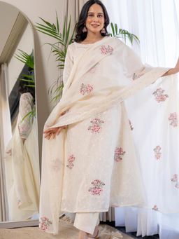 HOUSE OF JAMOTI - Nova Cream Kota Doria Kurta with Pant & Dupatta (Set of 3)