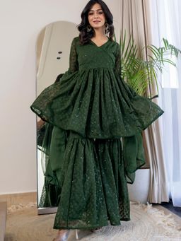 HOUSE OF JAMOTI - Berilo Green Angrakha Kurta with Sharara & Dupatta (Set of 3)