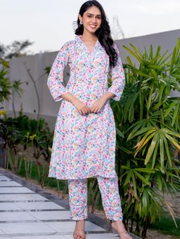 HOUSE OF JAMOTI - Pastel Floral Pintucks Kurta with Pant (Set of 2)